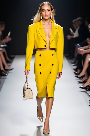 Yellow Notched Lapel Bodycon Two-piece Work Dress with Slit